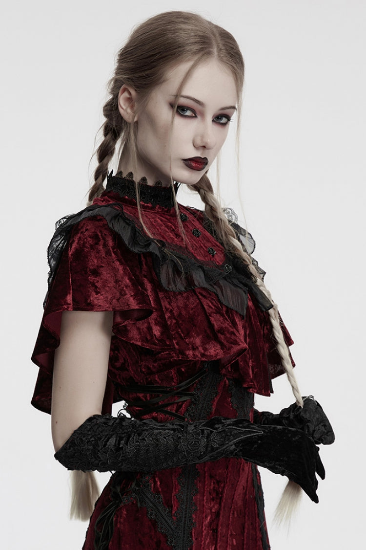 Black Floral Embroidery Lace-Up Women's Gothic Gloves - Product - 2