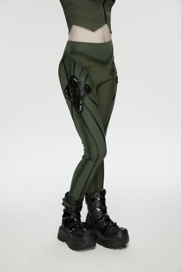 Black/Green Slim Women's Armor-Accentuated Paneled Punk Leggings - Product - 6