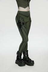 Black/Green Slim Women's Armor-Accentuated Paneled Punk Leggings - Product - 6