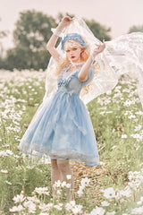 Blue High Waisted Planet Butterfly Print Ruffle Lace Sweet Lolita Dress - Product - 6