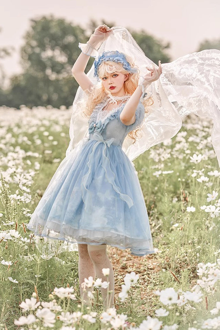 Blue High Waisted Planet Butterfly Print Ruffle Lace Sweet Lolita Dress - Product - 6