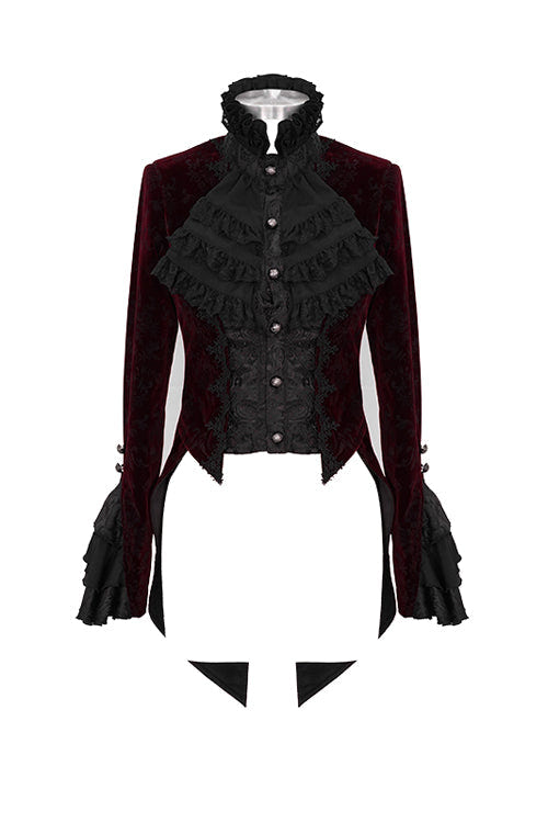 Red Jacquard Velvet Womens Swallow Tailed Gothic Coats - Product - 4
