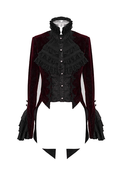 Red Jacquard Velvet Womens Swallow Tailed Gothic Coats - Product - 4
