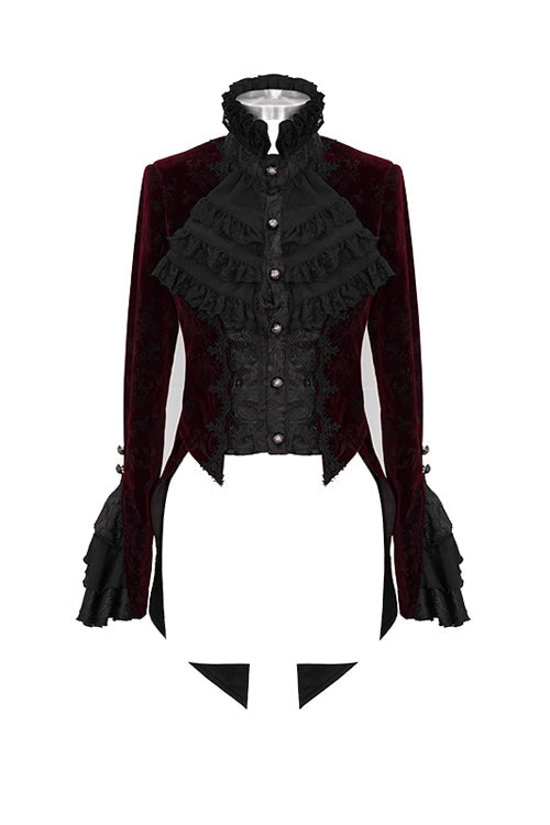 Red Jacquard Velvet Womens Swallow Tailed Gothic Coats - Product - 4