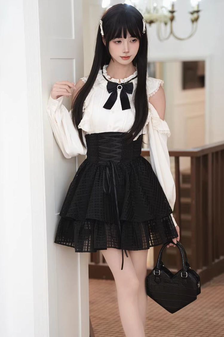 Black/White Round Collar Double-Layered Cut-Out Bow Lace-Up Classic Jirai Kei Japanese Elegant Skirt Set - Product - 8