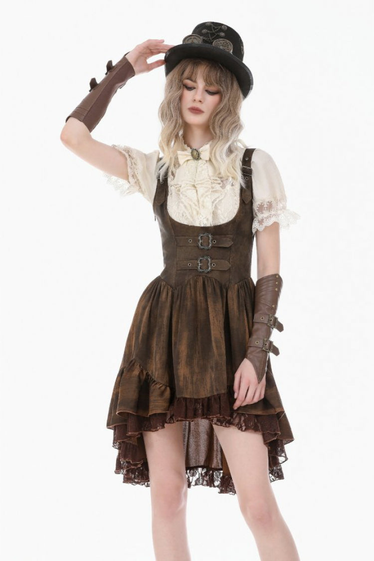 Beige Stand Collar Short Puff Sleeves Lace Sheer Lace-Up Women's Gothic Blouse with Detachable Bowknot - Beige - 1