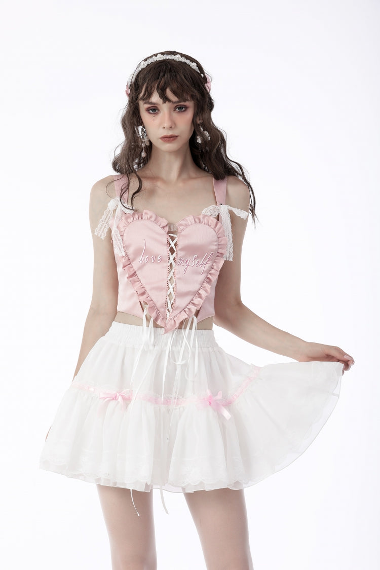 White Women's Gothic Lolita Bowknot Multi-Layered Lace Trim Mini Skirt - White - 1