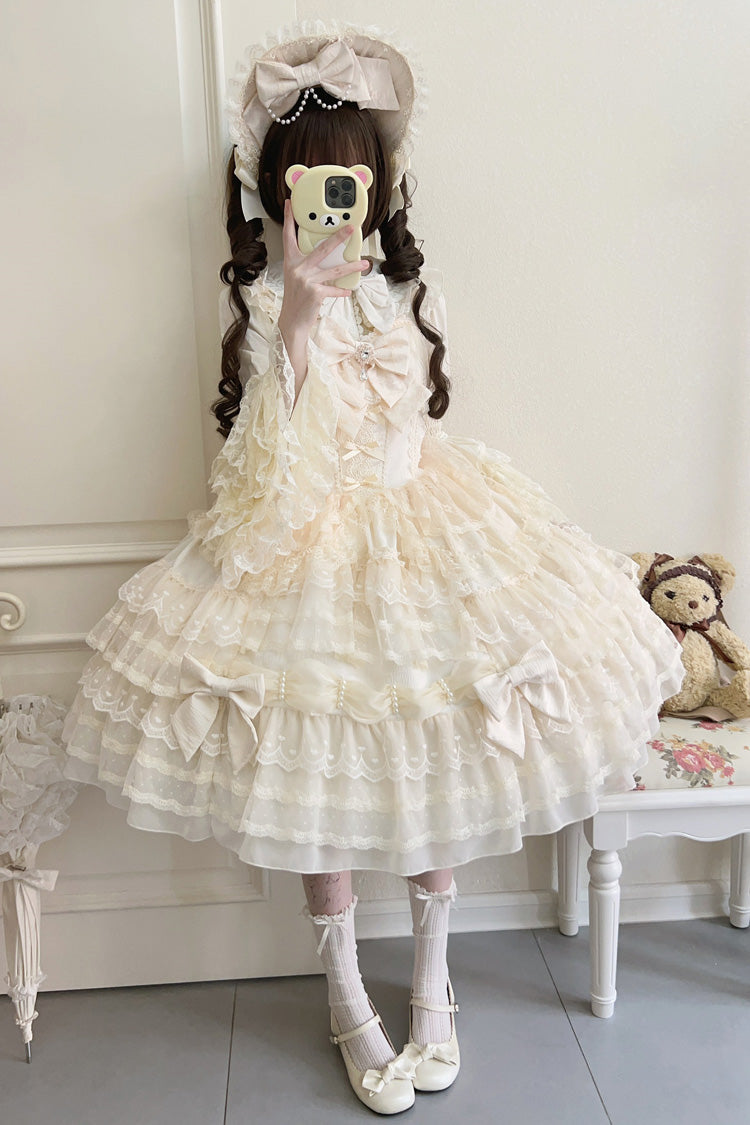 Beige [Dream Prologue] Doll Multi-Layered Bowknot Lace Sweet Princess Lolita Dress - Product - 7