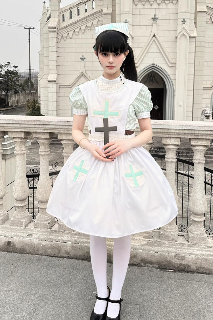Light Green [Mint Prescription] Stand Collar Short Sleeves Vertical Stripe Printed Bow Sweet Lolita Nurse Dress - Product - 20