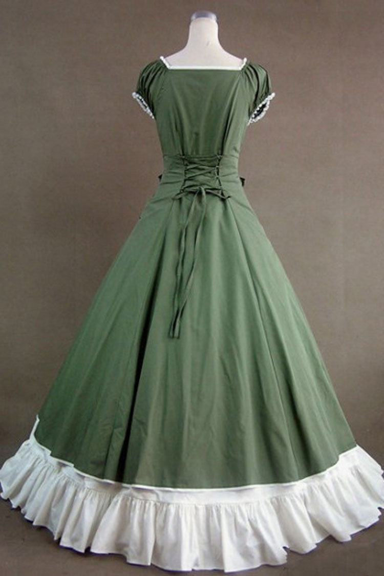 Green Cotton Square Collar Cap Sleeves Floor Length Pleats Bowknot Cardigan Victorian Gothic Lolita Dress - Product - 2