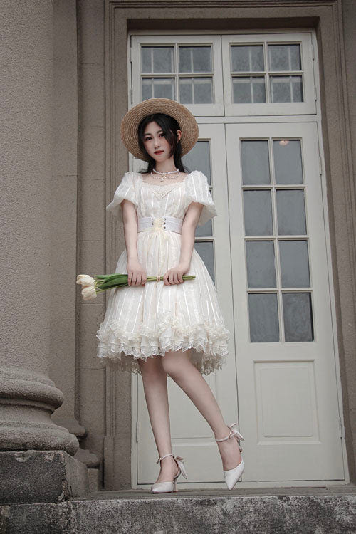 Elegant Vintage Tulip Square Collar Lantern Sleeves Multi-Layer Ruffled Classic Lolita OP Dress Short Version - Product - 2