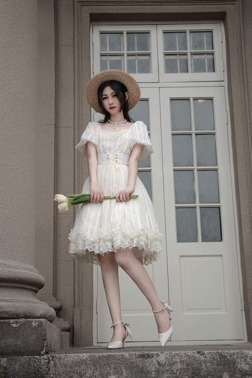 Elegant Vintage Tulip Square Collar Lantern Sleeves Multi-Layer Ruffled Classic Lolita OP Dress Short Version - Product - 2