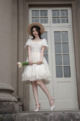 Elegant Vintage Tulip Square Collar Lantern Sleeves Multi-Layer Ruffled Classic Lolita OP Dress Short Version - Product - 2