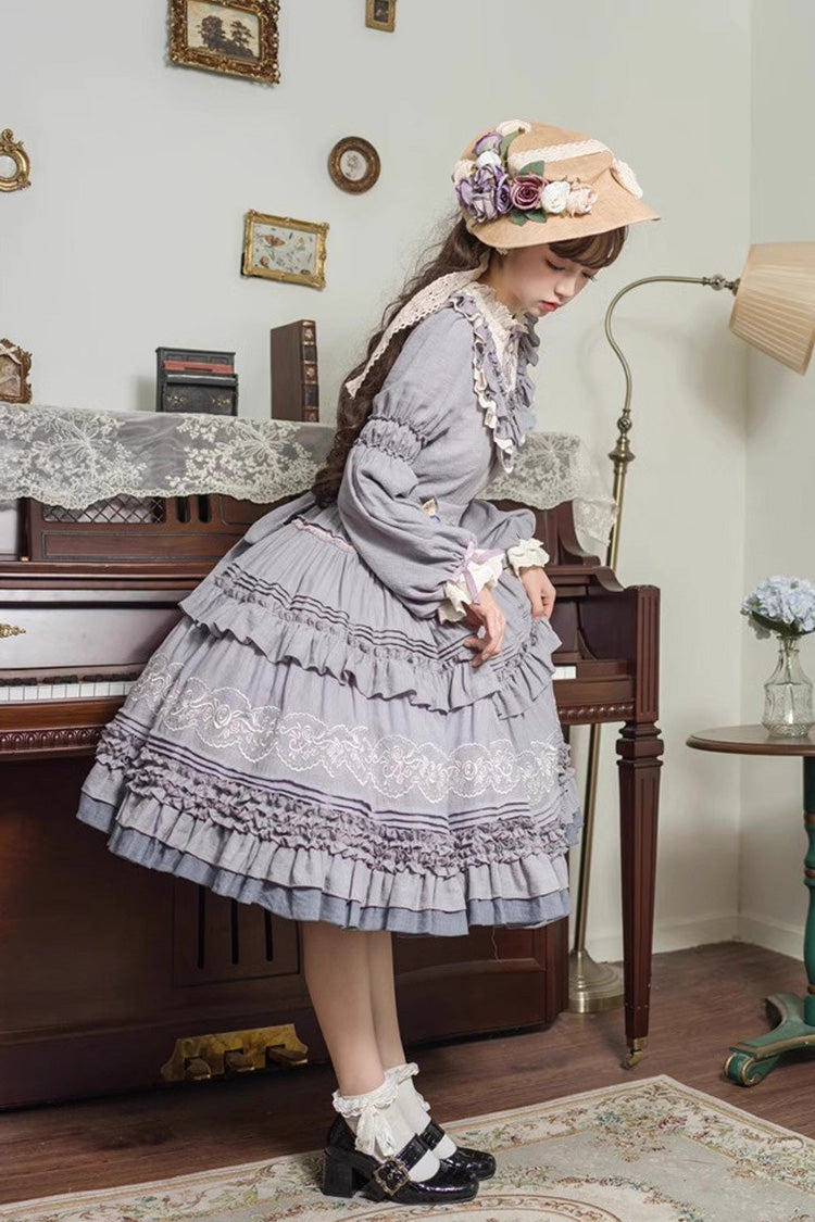 Purple Long Sleeves Ruffle Embroidery Bowknot Sweet Plus Size Elegant Lolita Dress - Product - 8