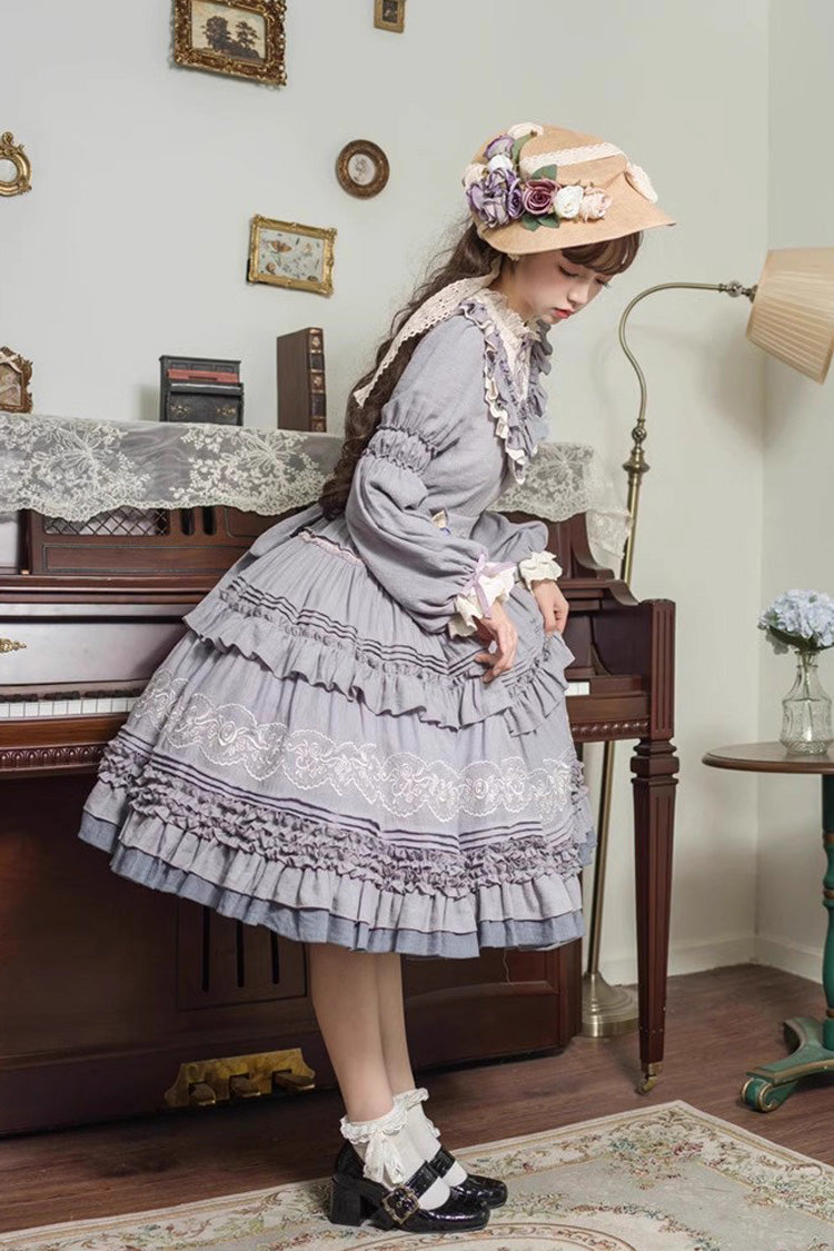 Purple Long Sleeves Ruffle Embroidery Bowknot Sweet Plus Size Elegant Lolita Dress - Product - 8