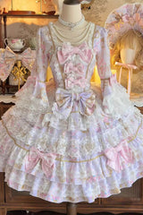 Purple [Candlelight Elegance] Long Trumpet Sleeves Multi-Layered Ruffle Bowknot Lace Sweet Elegant Lolita Dress - Product - 3