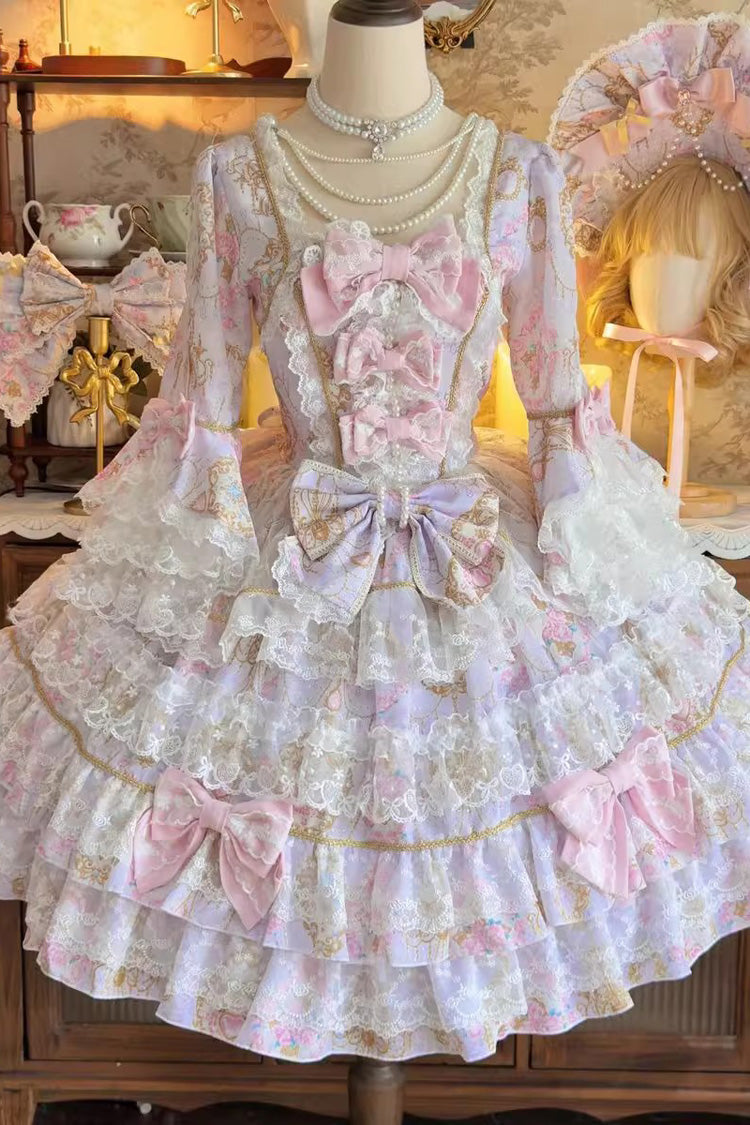 Purple [Candlelight Elegance] Long Trumpet Sleeves Multi-Layered Ruffle Bowknot Lace Sweet Elegant Lolita Dress - Product - 3