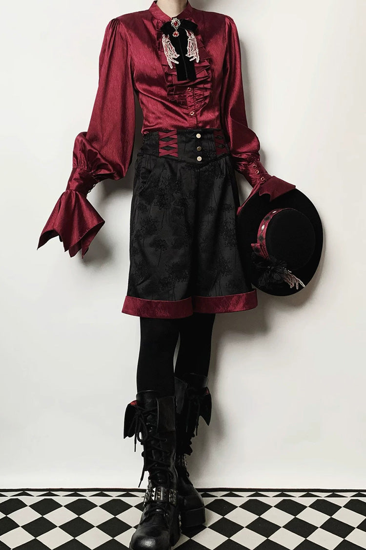 Black/Red [Moonlit Return] Jacquard Printed Lace-Up Gothic Elegant Ouji Lolita (Blouse/Pants/Shorts/Vest) - Product - 6