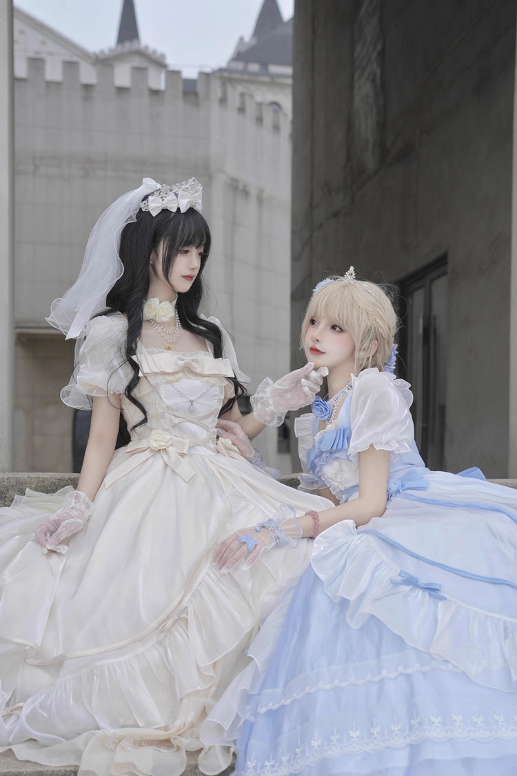 Sweet Short Puff Sleeves Ruffle Hanayome Cardigan Bowknot Princess Gorgeous Lolita Dress 2 Colors - Product - 6