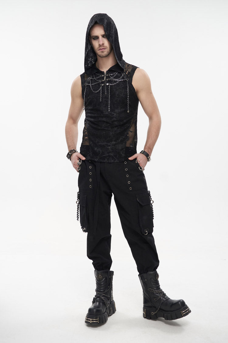 Black Skull Hollowed Out Print Stitched Sleeveless Chain Hoodie Men's Punk Shirt - Product - 4
