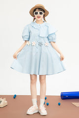 Blue Irregular Ruffled Round Collar Bubble Short Sleeves Waist With Flower Accessories High Waisted Sweet Lolita Dress - Product - 2