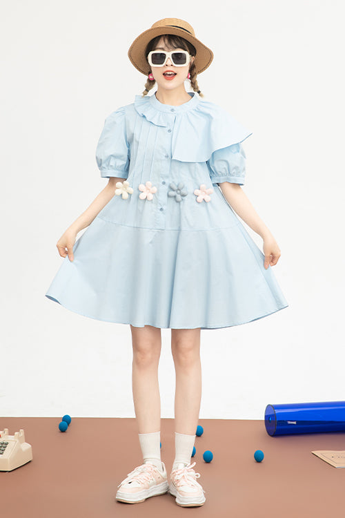 Blue Irregular Ruffled Round Collar Bubble Short Sleeves Waist With Flower Accessories High Waisted Sweet Lolita Dress - Product - 2