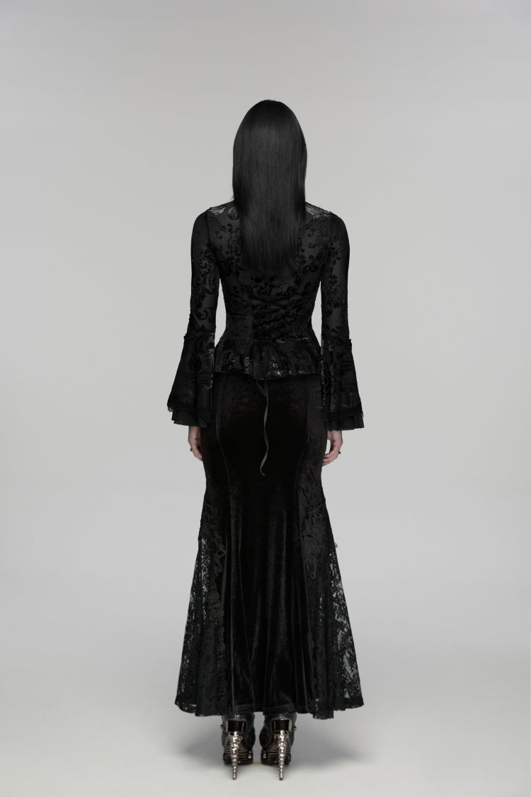 Black Stand Collar Long Trumpet Sleeves Jacquard Printed Lace Lace-Up Slim Pearl-Decorated Women's Gothic Palace Blouse - Product - 3