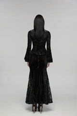 Black Stand Collar Long Trumpet Sleeves Jacquard Printed Lace Lace-Up Slim Pearl-Decorated Women's Gothic Palace Blouse - Product - 3