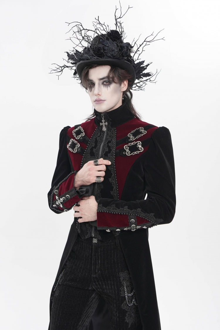 Black Stand Collar Long Sleeves Embroidered Color-Blocked Buckled Zippered Men's Gothic Palace Jacket - Product - 13