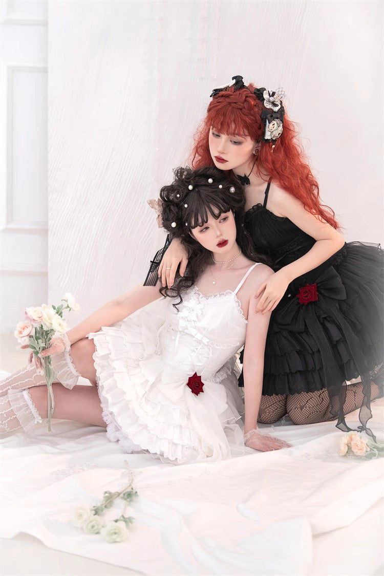 White High Waisted Multi-layer Rose Bowknot Lace-Up Gothic Lolita Jsk Dress - Product - 9