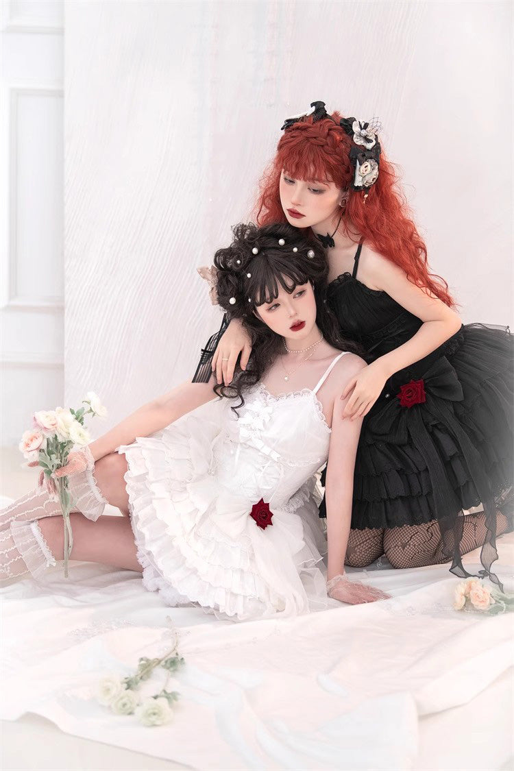 White High Waisted Multi-layer Rose Bowknot Lace-Up Gothic Lolita Jsk Dress - Product - 9