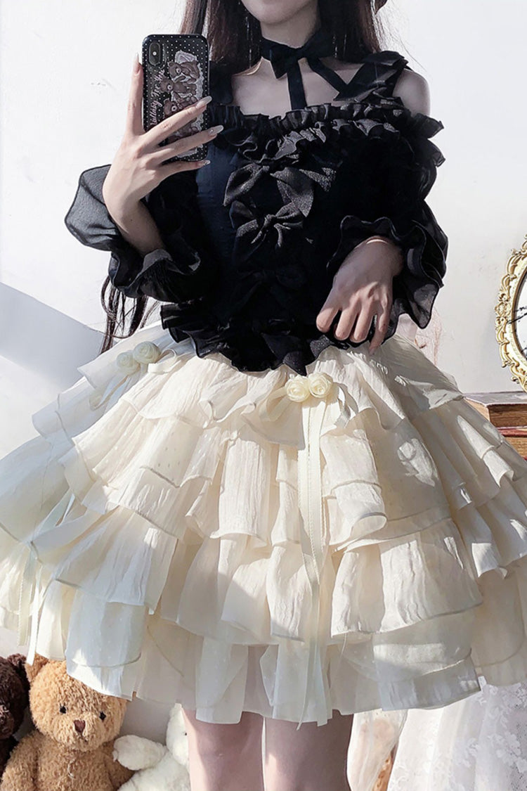 Black Top and Apricot Bowknot Sweet Princess Lolita Layered Skirt Dress - Product - 7