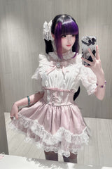 Jirai Kei Sweet Double-Layered Jacquard Ruffled Lace Japanese Skirt Set 2 Colors - Product - 7