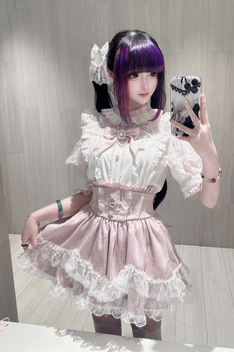 Jirai Kei Sweet Double-Layered Jacquard Ruffled Lace Japanese Skirt Set 2 Colors - Product - 7