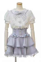 Japanese Lapel Collar Short Sleeves Ruffled Embroidered Bow Lace Plus Size Sweet Jirai Kei Skirt Set 3 Colors - Blue - 2