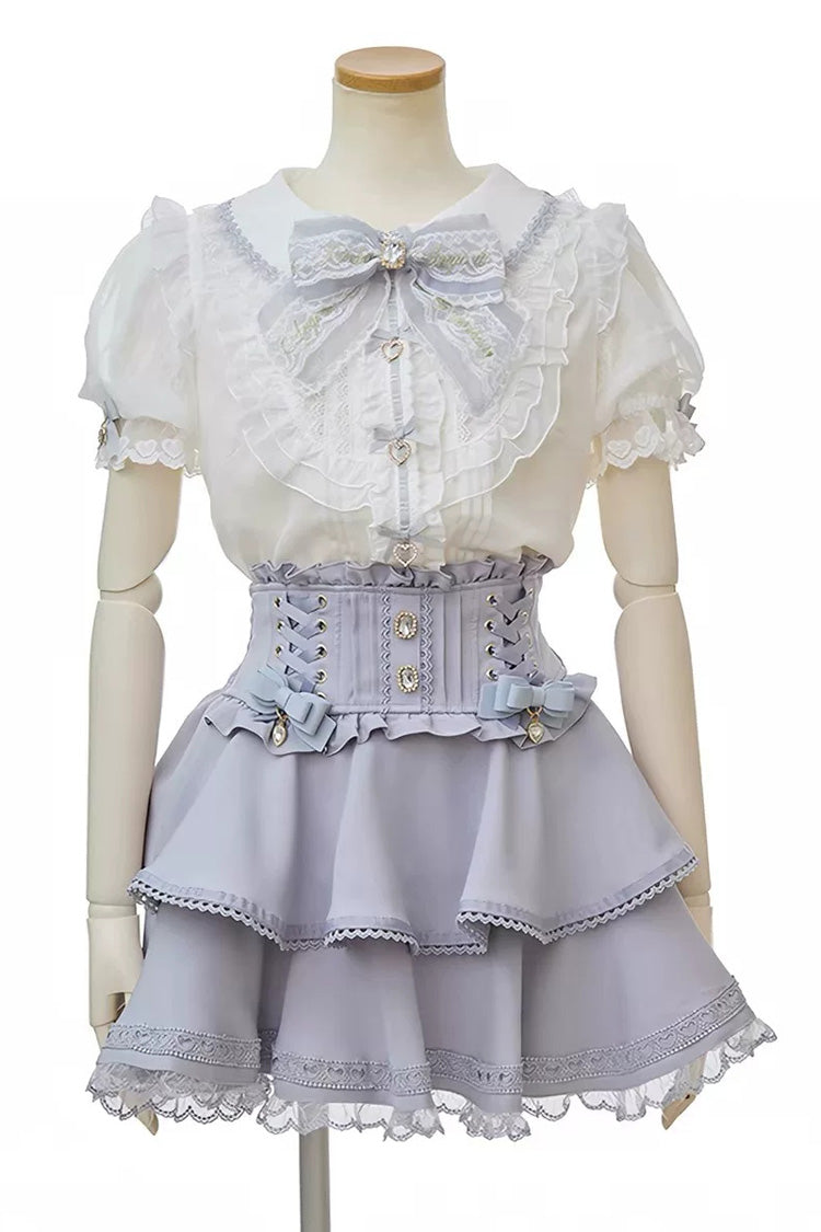 Japanese Lapel Collar Short Sleeves Ruffled Embroidered Bow Lace Plus Size Sweet Jirai Kei Skirt Set 3 Colors - Blue - 2