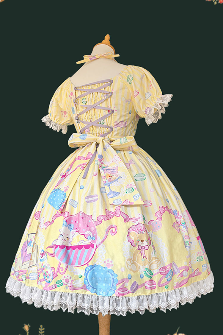 [Macaron Dolly House] Doll Collar Short Sleeves Print Bowknot Sweet Lolita Dress 3 Colors - Product - 13