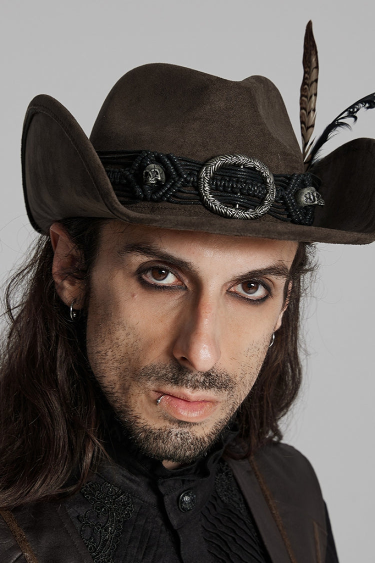 Brown Tassels Feather Skull Men's Punk Hat - Product - 2