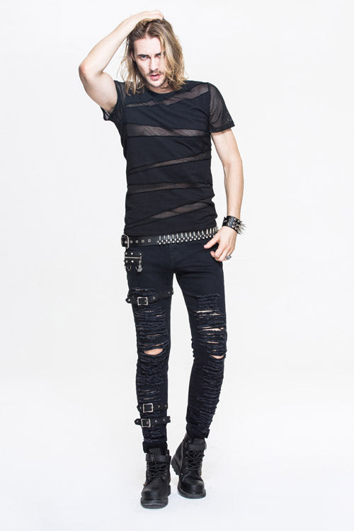 Black Partition Diamond Shape Mesh Gothic Punk Mens Tops T-Shirt - Product - 3