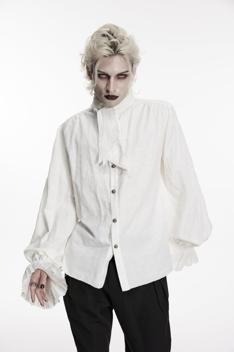 White Stand Collar Long Puff Sleeves Jacquard Detachable Tie Men's Gorgeous Shirt - Product - 7
