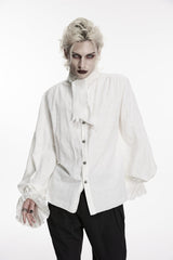 White Stand Collar Long Puff Sleeves Jacquard Detachable Tie Men's Gorgeous Shirt - Product - 7
