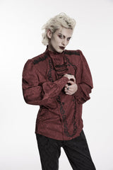 Red Stand Collar Long Lantern Sleeves Jacquard Embroidered  Men's Gothic Palace Shirt with Detachable Tie - Product - 7
