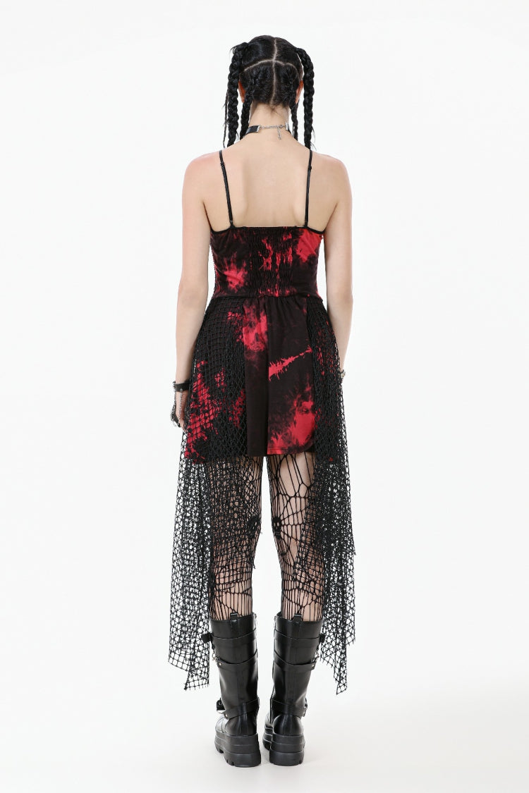 Red Sleeveless Mesh Hem Asymmetric Tie-dyed Women's Punk Slip Dress - Product - 4
