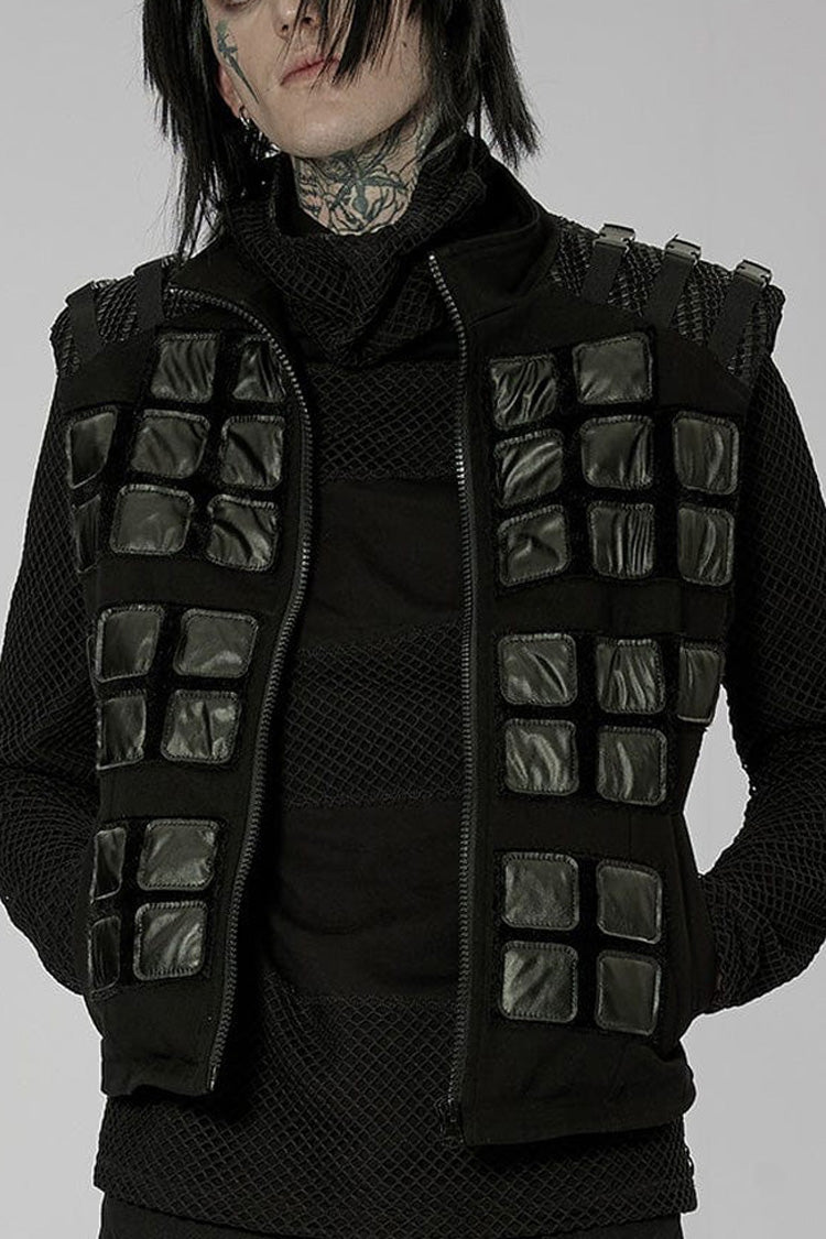 Black Punk High Collar Front Geometric Patterns Splicing Design Shoulder Padded Webbing Buckle Twill Men's Vest - Black - 1