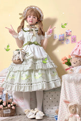 Green Doll Collar Short Sleeves Plaid Print Ruffle Hollow Embroidery Bowknot Sweet Elegant Lolita Dress - Product - 10