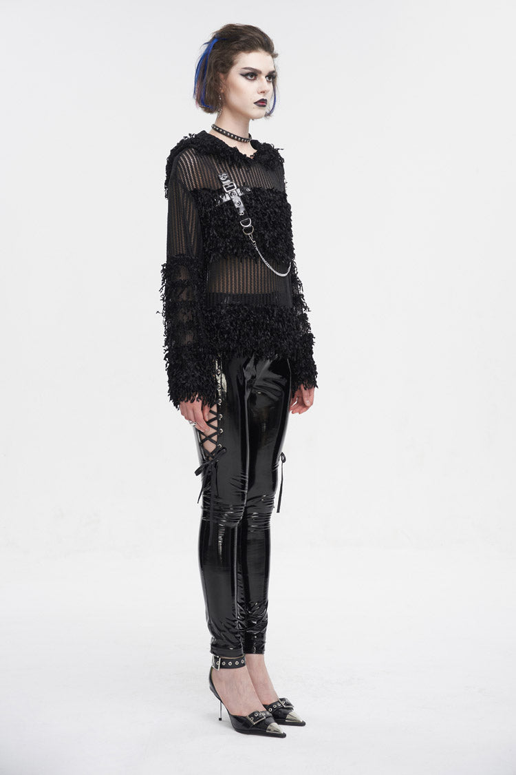 Black Segmented Mesh Matching Chain Women's Punk Hooded Sweater - Product - 5