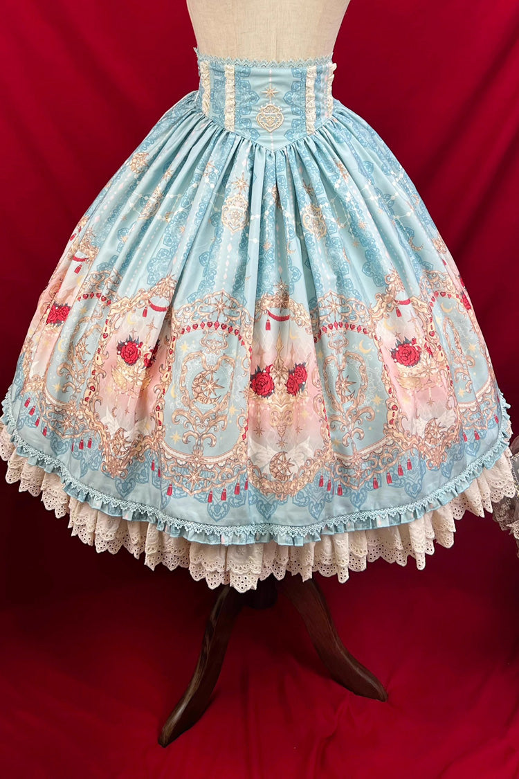 Blue [Moonlit Garden Secret] Print Ruffle Embroidery Lace Sweet Elegant Palace Lolita Skirt - Product - 15