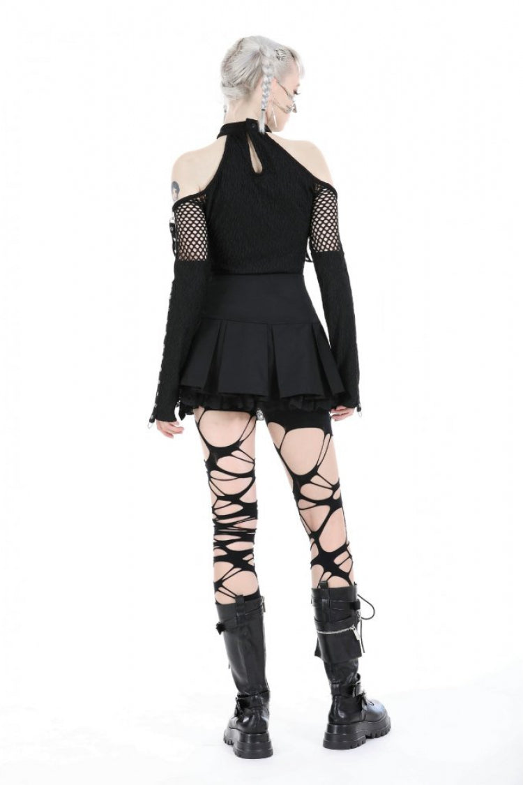 Black Off Shoulder Long Sleeves Cut-Out Spliced Mesh Women's Punk Top - Product - 4
