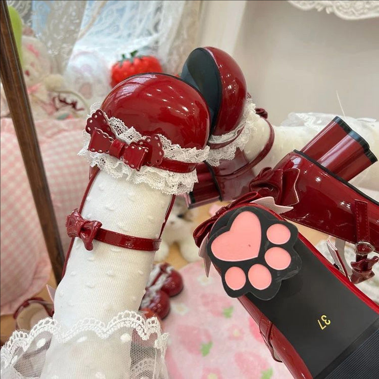 Round Toe Bow Mid Heel Lolita Shoes with Cat Paw Heels 6 Colors - Product - 3