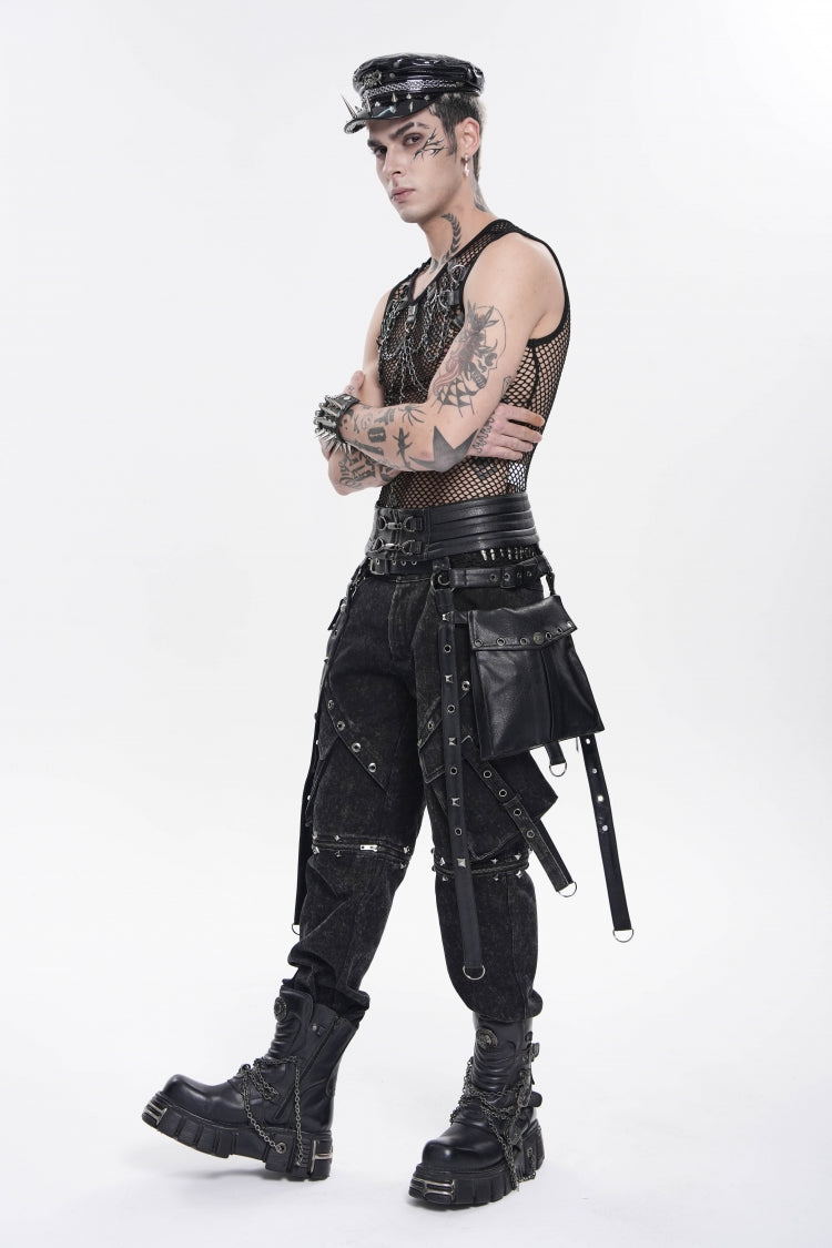 Black Lace-Up Studded Buckled Zippered Eyelet Men's Punk Cool Accessory with Pouches - Product - 2